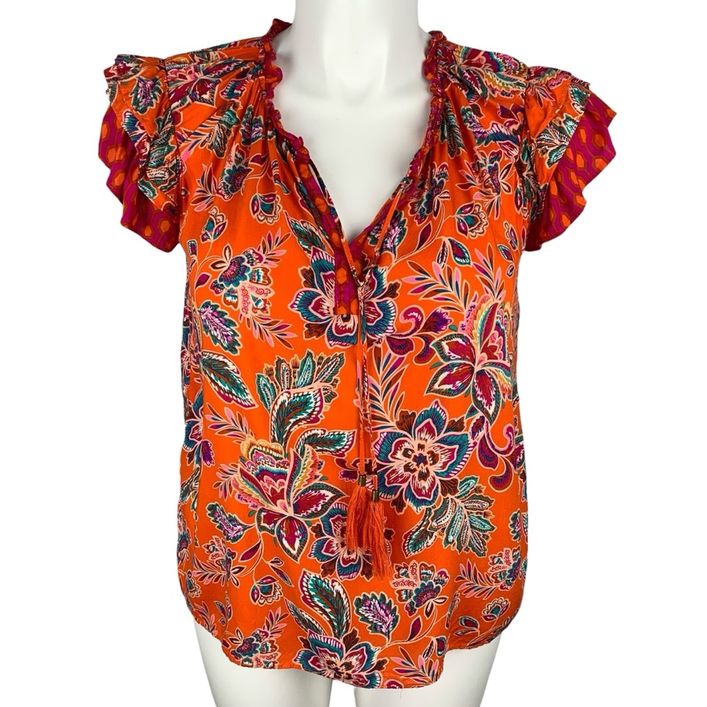 Rose + Olive Short Tiered Sleeve Colorful Paisley Floral Polka Dot Ruffles Sz XL
